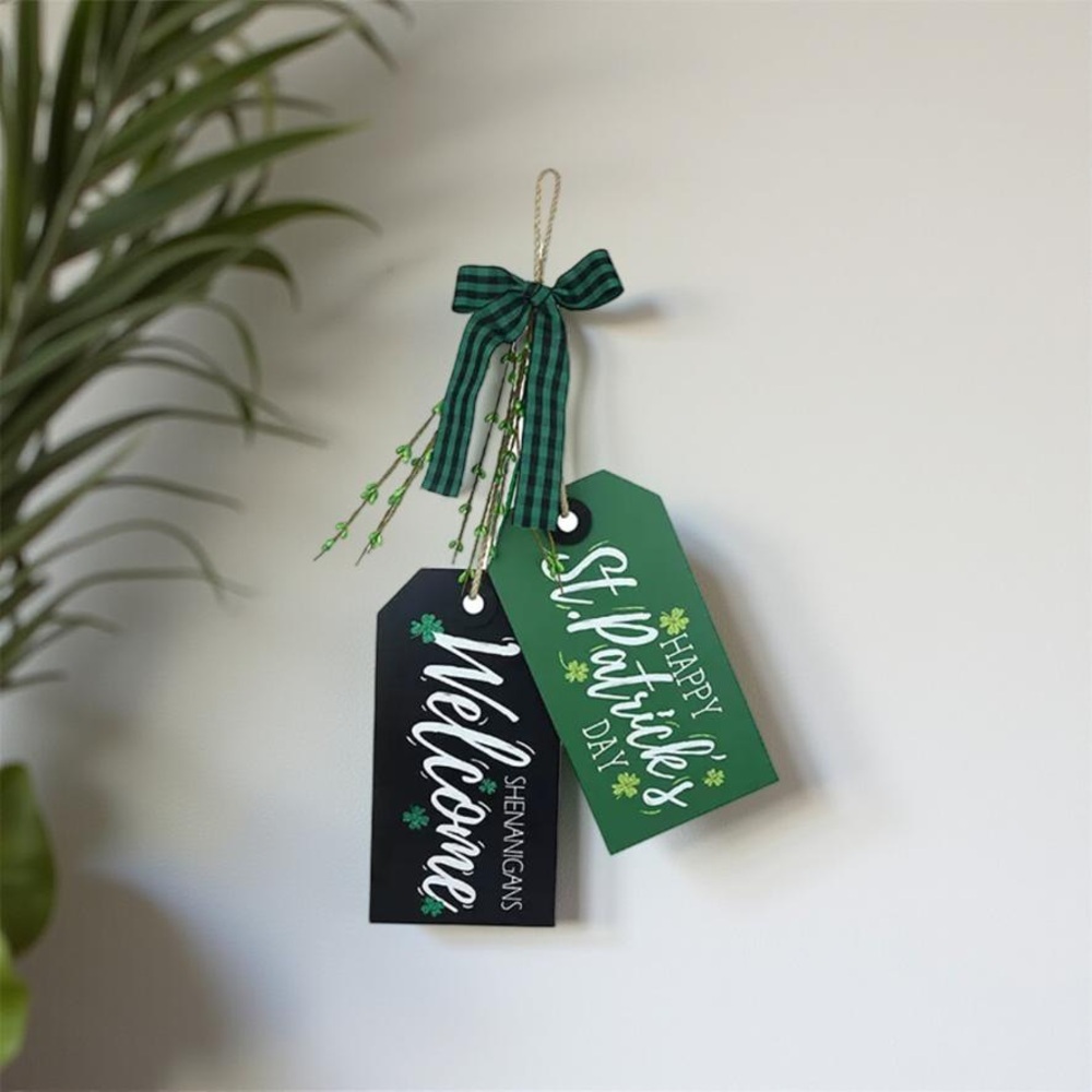 St Patricks Day Decor Wood Hang Tag Door Wall Sign Shamrock “Shenanigan Welcome”